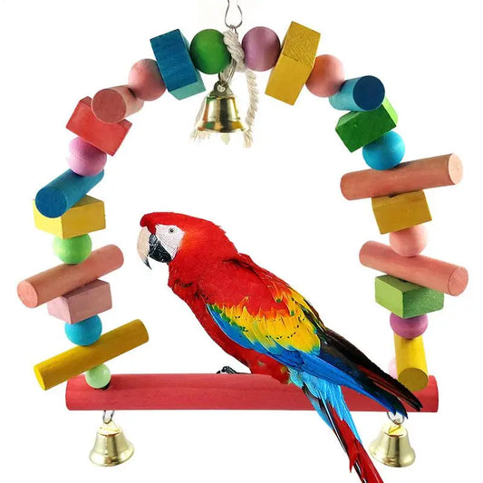 Wooden Bird Swing for Parakeets – Hanging Perch with Bell, Chewing Toy & Standing Rod for Lovebirds, Conures, Cockatiels, and Small Parrots