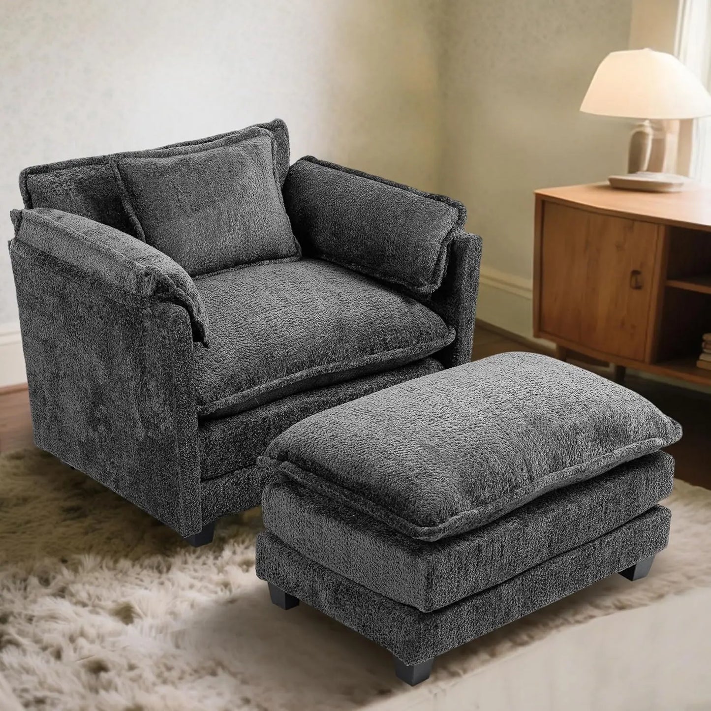 Oversized Boucle Accent Chair with Storage Ottoman – Cozy Double Cushion Reading Armchair, Deep Seating Lounge Chair for Living Room, Bedroom, or Apartment
