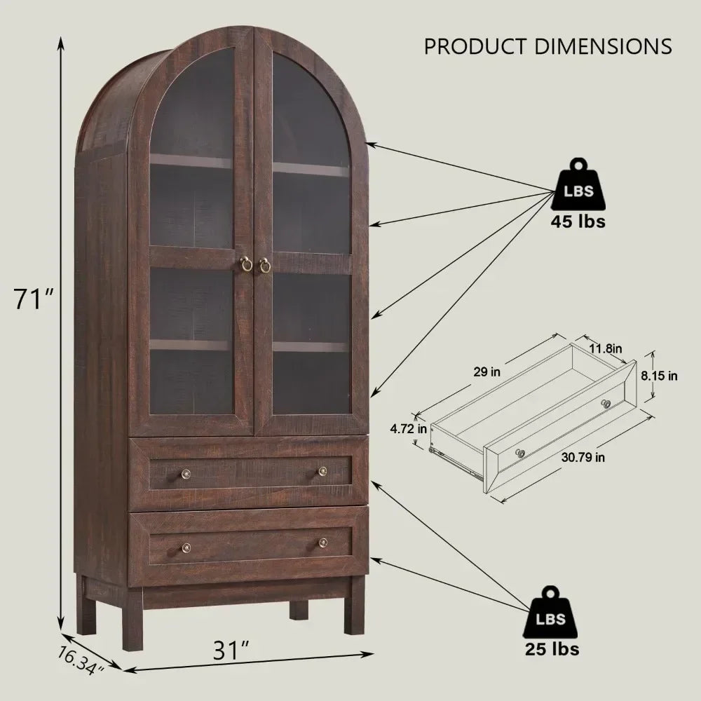 Wooden Display Cabinet w/2 Large Storage Drawers, Glass Doors and Shelves