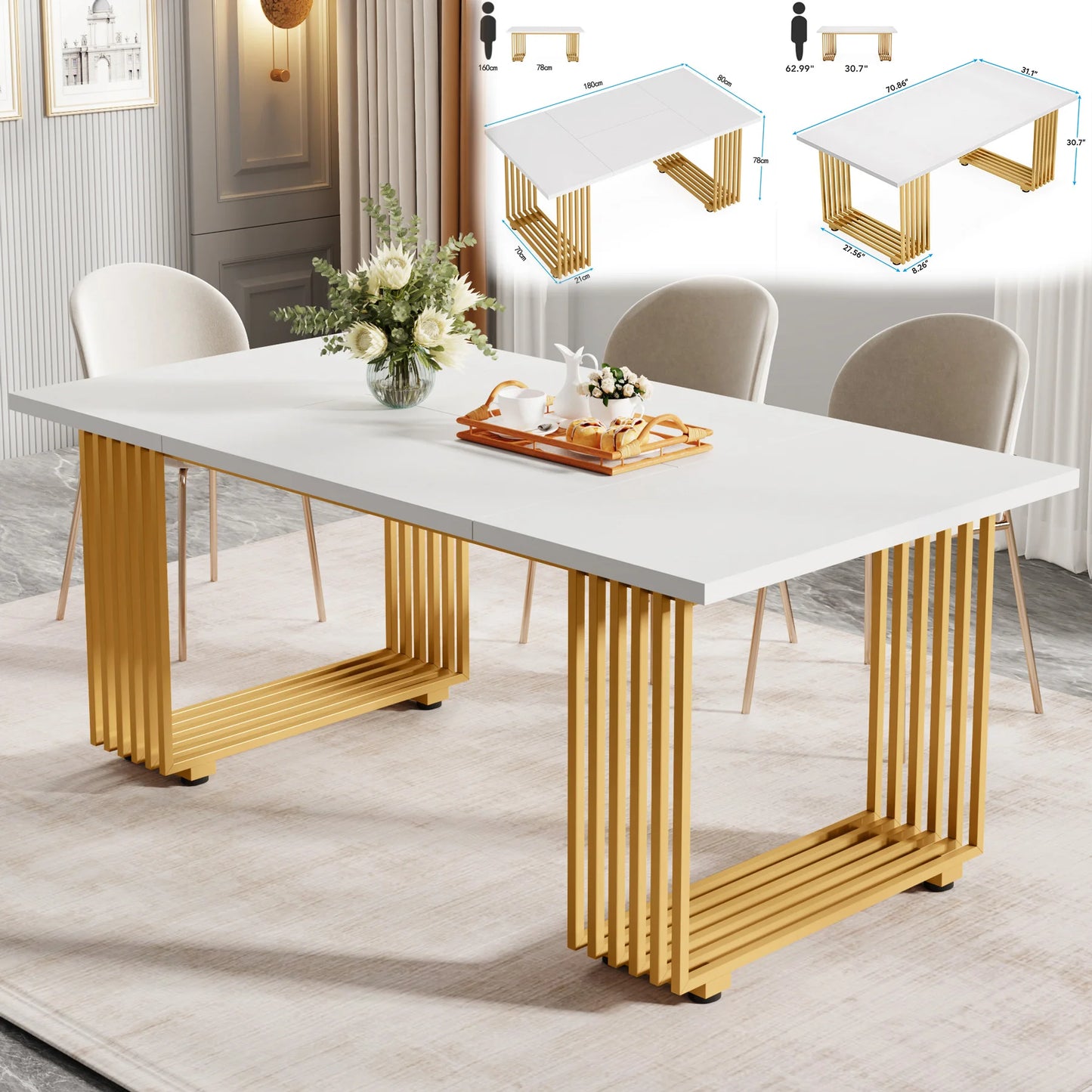 Tribesigns 63-Inch Rectangular Dining Table for 4-6 – Modern Kitchen Table with Faux Marble Top, White Finish