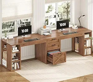 Farmhouse 96.5" Computer Desk with Drawers – Spacious Double Desk for 2 People with Storage Shelves – Long Home Office & Gaming Workstation