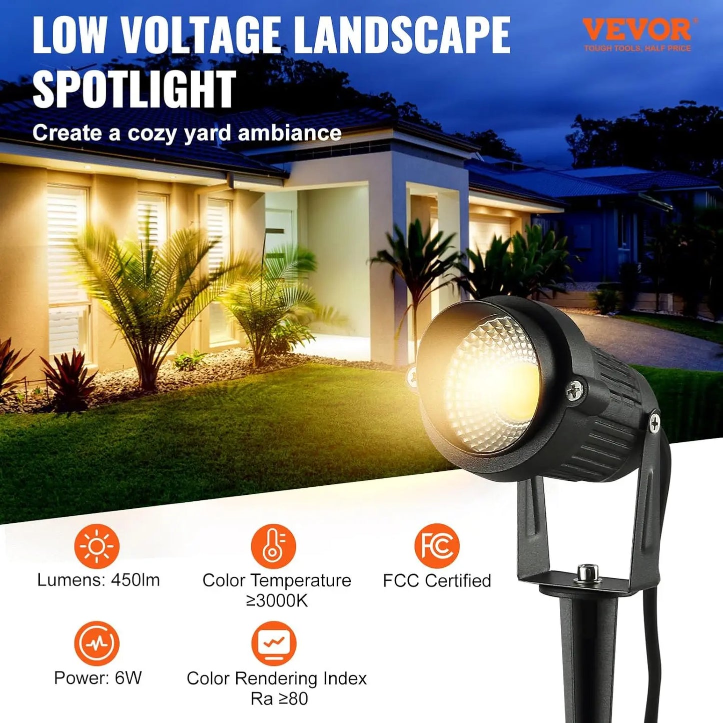 Landscape Lighting – 6W Low Voltage LED Spotlights, IP66 Waterproof Outdoor Lights for Yard, Lawn, Garden & Pathways