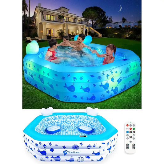 Inflatable Solar-Powered Swimming Pool with LED Lights & Remote Control – Large Blow-Up Pool for Kids & Adults