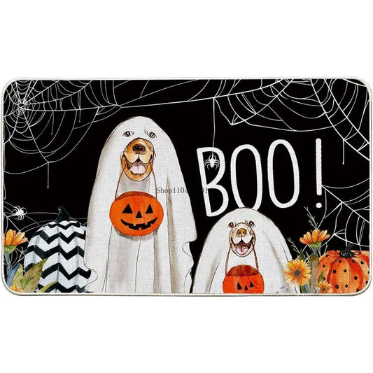 Halloween Dog Doormat – Indoor/Outdoor Fabric Welcome Mat with Ghost, Pumpkin & Spider Web Design – Holiday Front Door Decoration