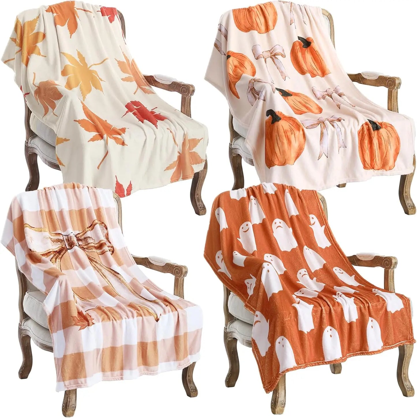 4 Pcs Fall Throw Blankets – Soft Warm Autumn Flannel with Pumpkin, Maple, Plaid & Little Ghost Patterns, Cozy for Thanksgiving & Halloween