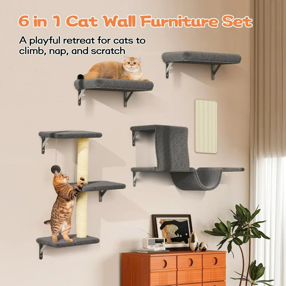 6 in 1 Pet Walls Shelves Set with Wooden Cat Climber, House, Bridge, Tree, Steps