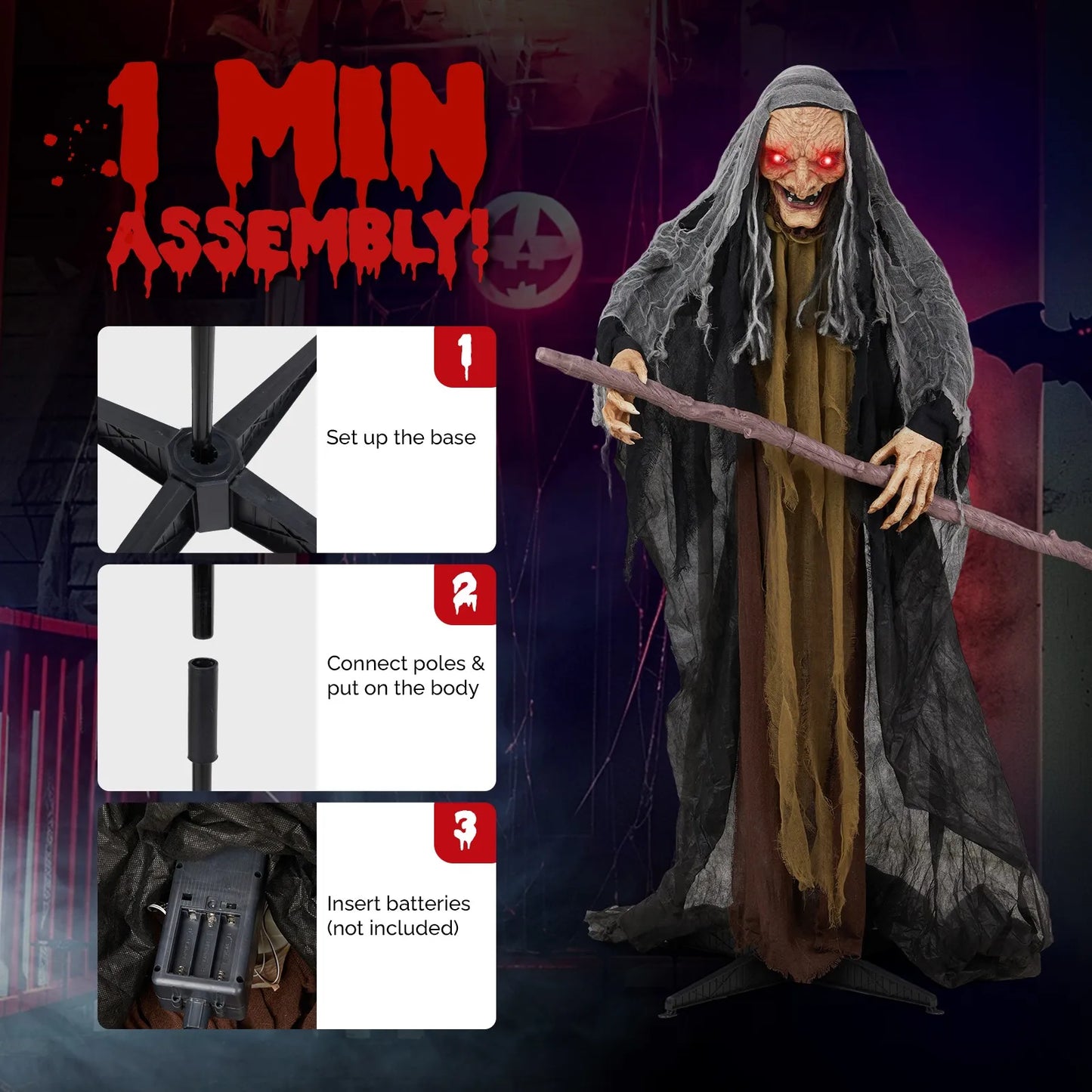 5.3FT Talking Halloween Witch with Cane – Outdoor Spooky Decoration with Glowing Eyes & Sound Effects