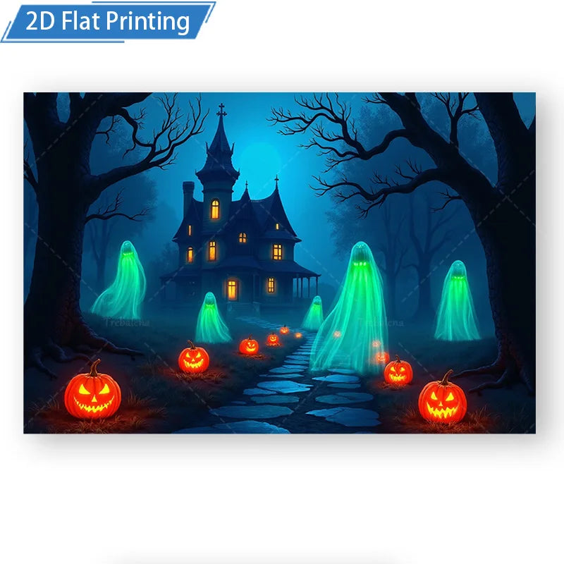 Halloween Wall Tapestry – Spooky Haunted House with Ghosts & Pumpkins, Seasonal Wall Hanging Décor for Home, Bedroom, or Party