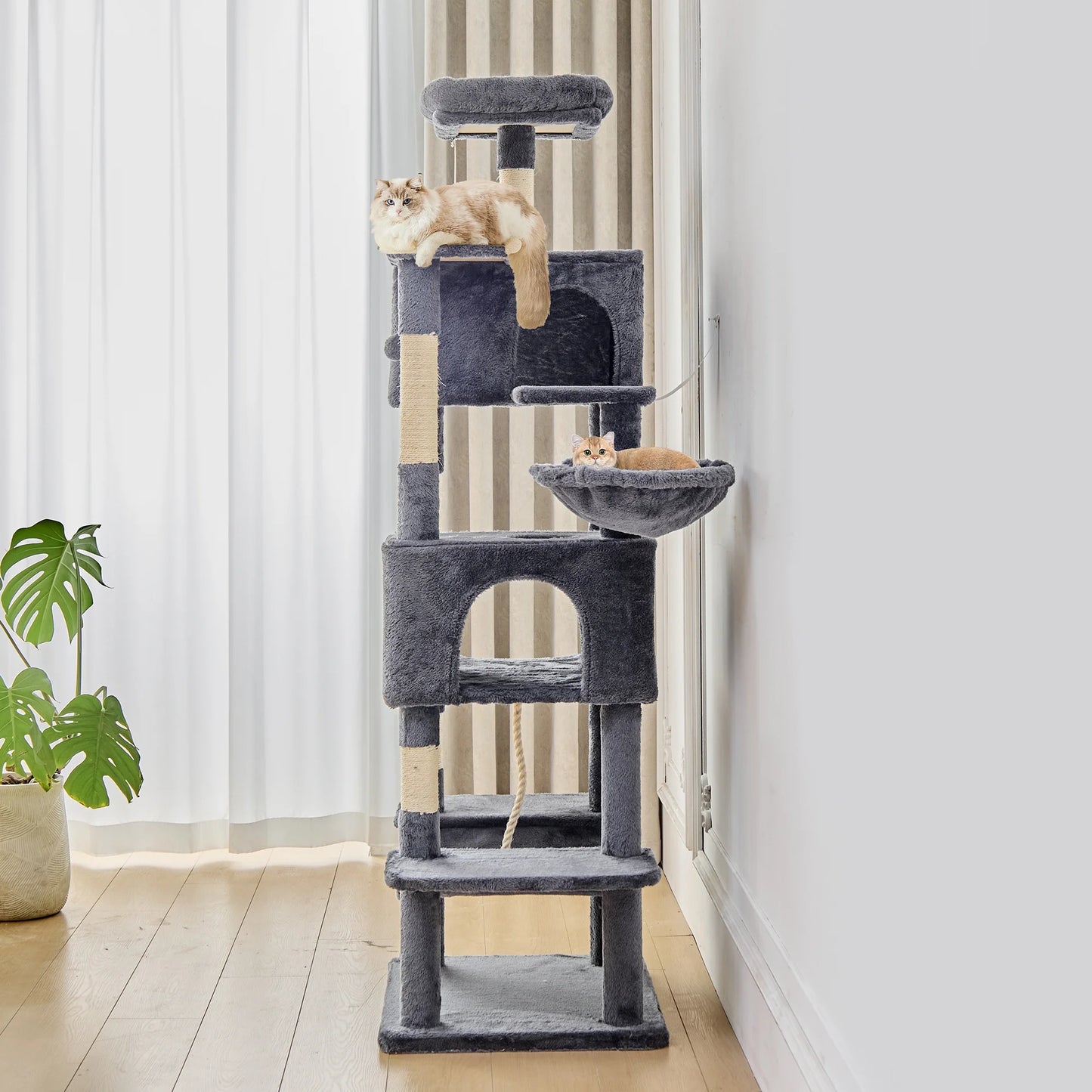 66" Cat Tree Multi Level Luxury Tower with Scratching Post, 2 Large Condo, Rest Hammock, Dark Grey