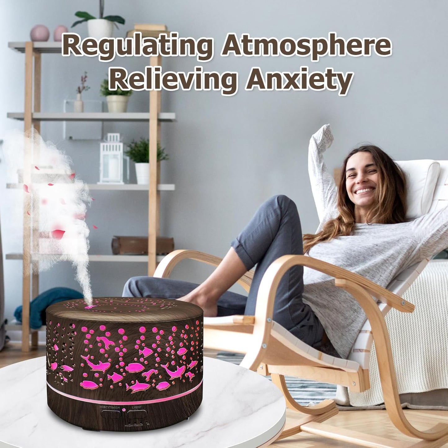 600ml Essential Oil Diffuser & Humidifier – Large Room, Remote Control, 7-Color LED, 3 Mist Modes, Dark Wood
