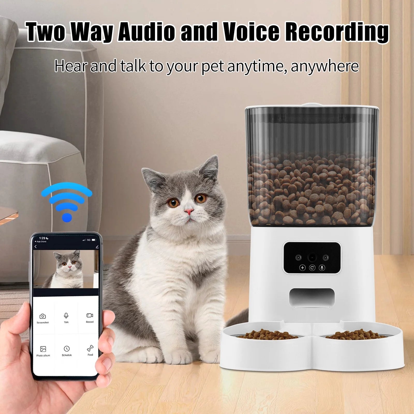 Threes Tree Automatic Cat Feeder with Camera – 5L Dual Pet Feeder with 2 Stainless Steel Bowls & Remote App Control