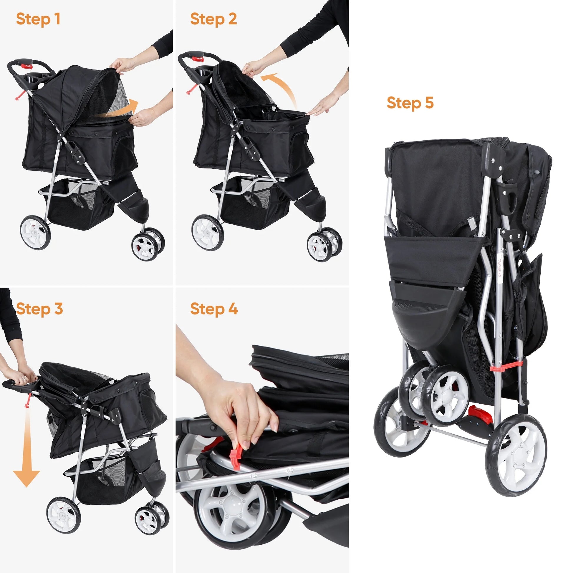 Foldable 3-Wheel Pet Stroller – Dog & Cat Travel Carrier with Storage Basket, Black