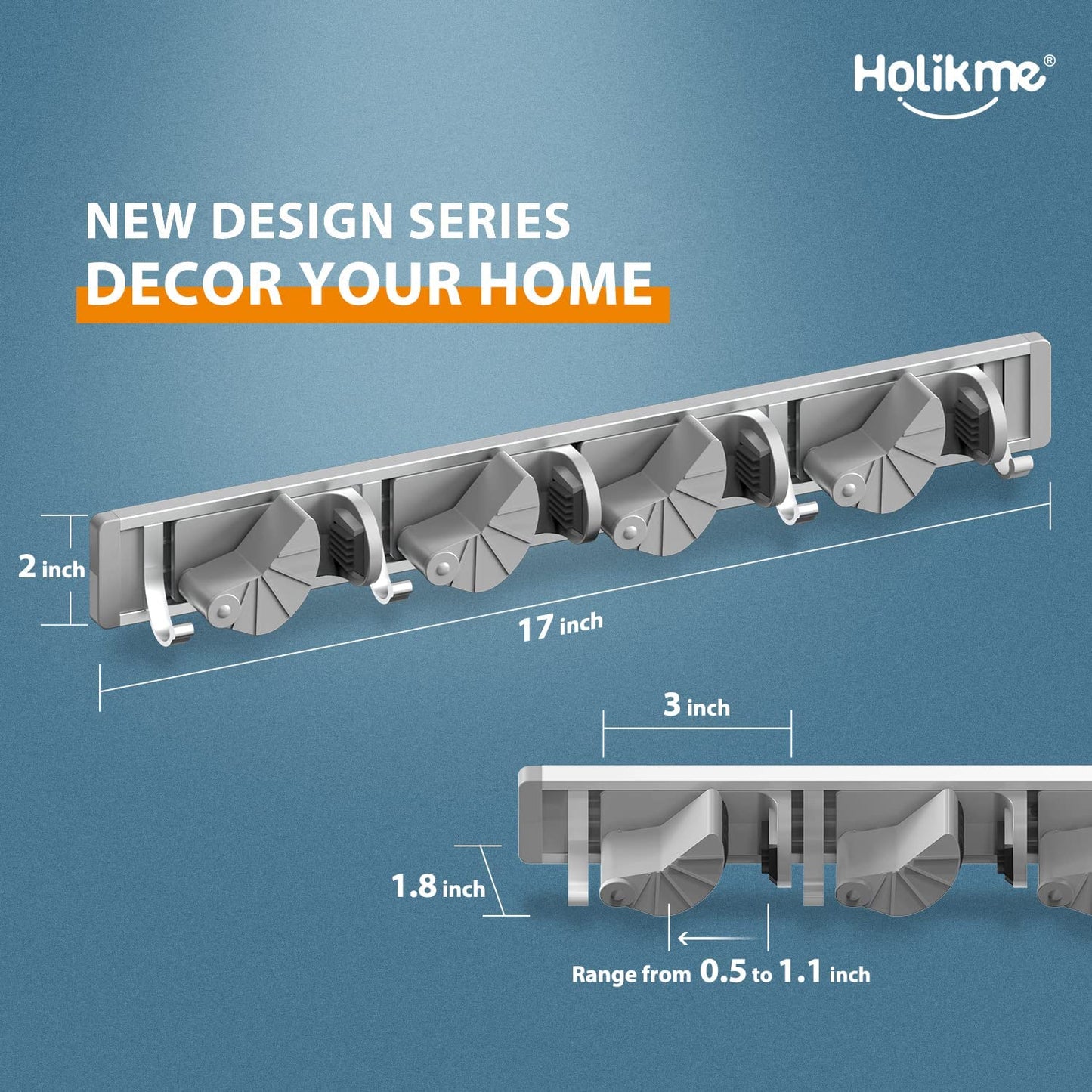 Mop & Broom Holder – Wall-Mount Metal Organizer with 4 Hooks, Silver