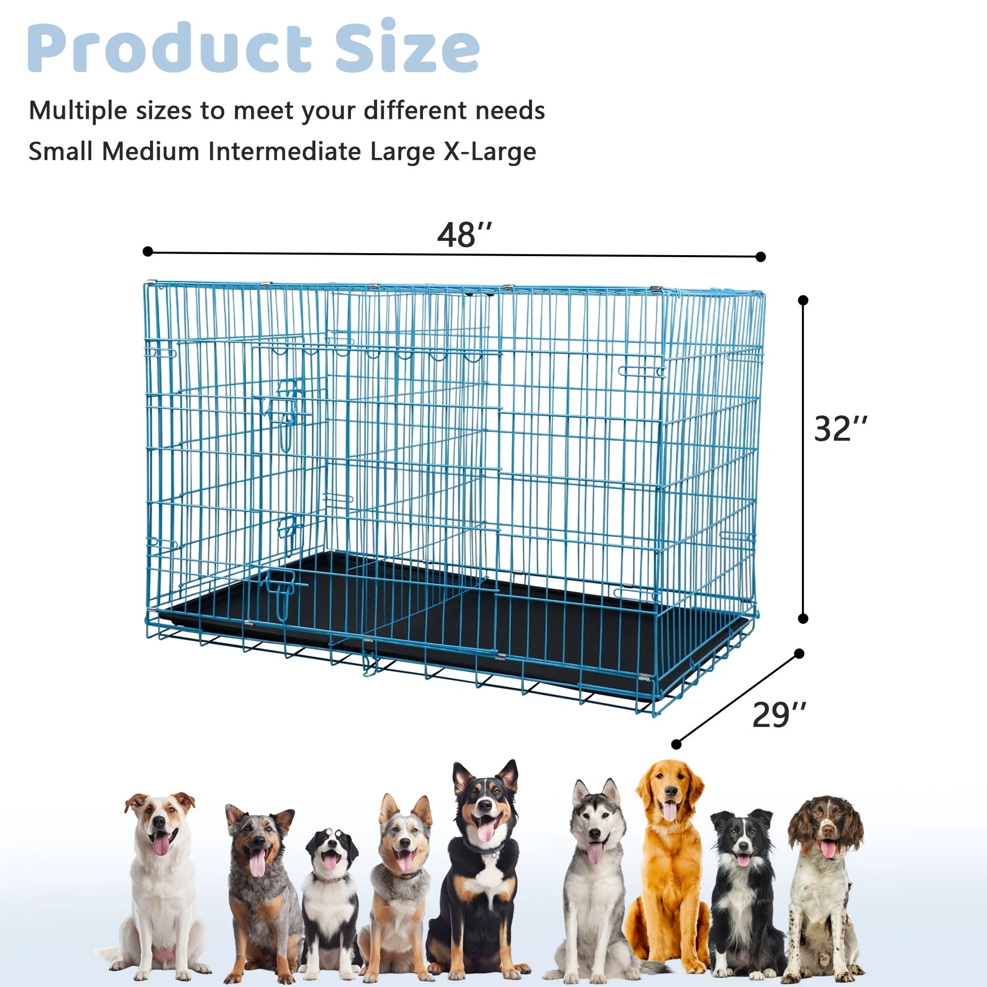 48" Foldable Dog Crate – Double-Door Metal Wire Kennel with Handle & Plastic Tray for Large Dogs, Blue