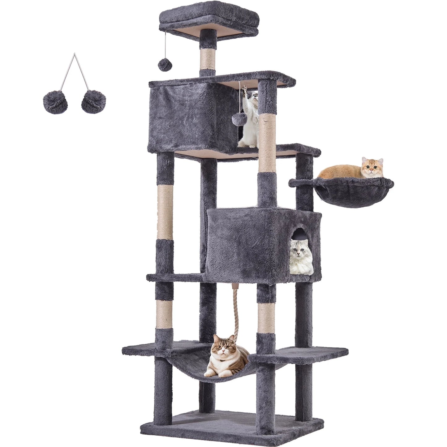 66" Cat Tree Multi Level Luxury Tower with Scratching Post, 2 Large Condo, Rest Hammock, Dark Grey