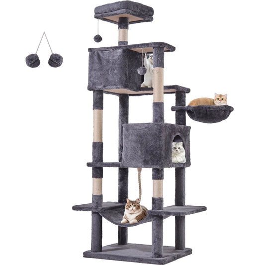 66" Cat Tree Multi Level Luxury Tower with Scratching Post, 2 Large Condo, Rest Hammock, Dark Grey