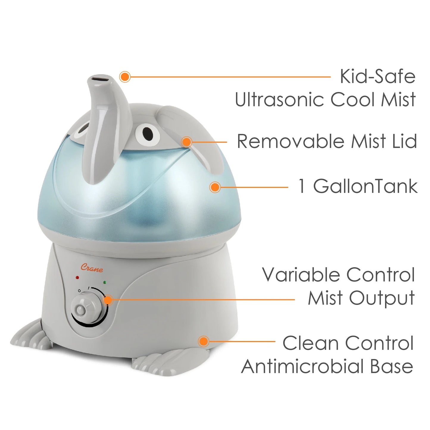 Crane Ultrasonic Elephant Humidifier – 1 Gallon Cool Mist for Nursery & Bedroom