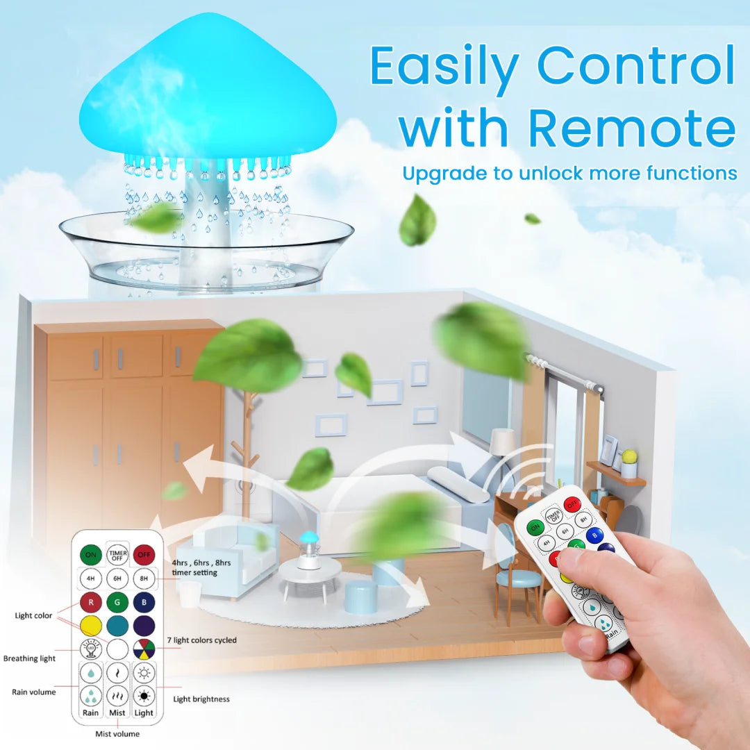 Cloud Rain Humidifier with Remote – Water Drip White Noise Lamp, Mushroom Design