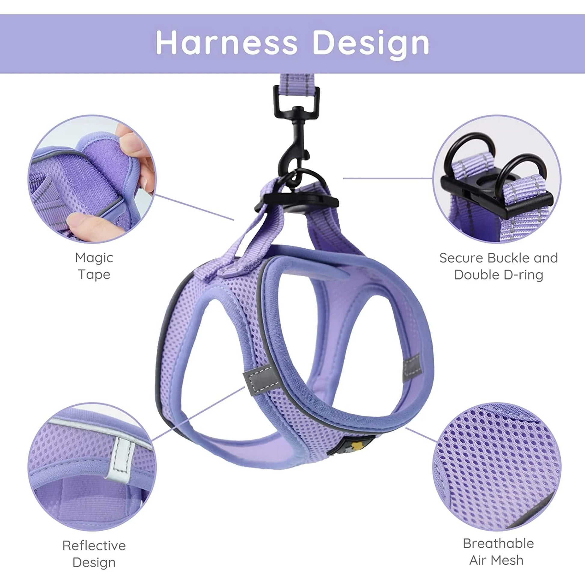 Puppy Harness & Leash Set – Reflective Adjustable Step-In Dog Harness for Small Dogs, Purple Lavender, XS