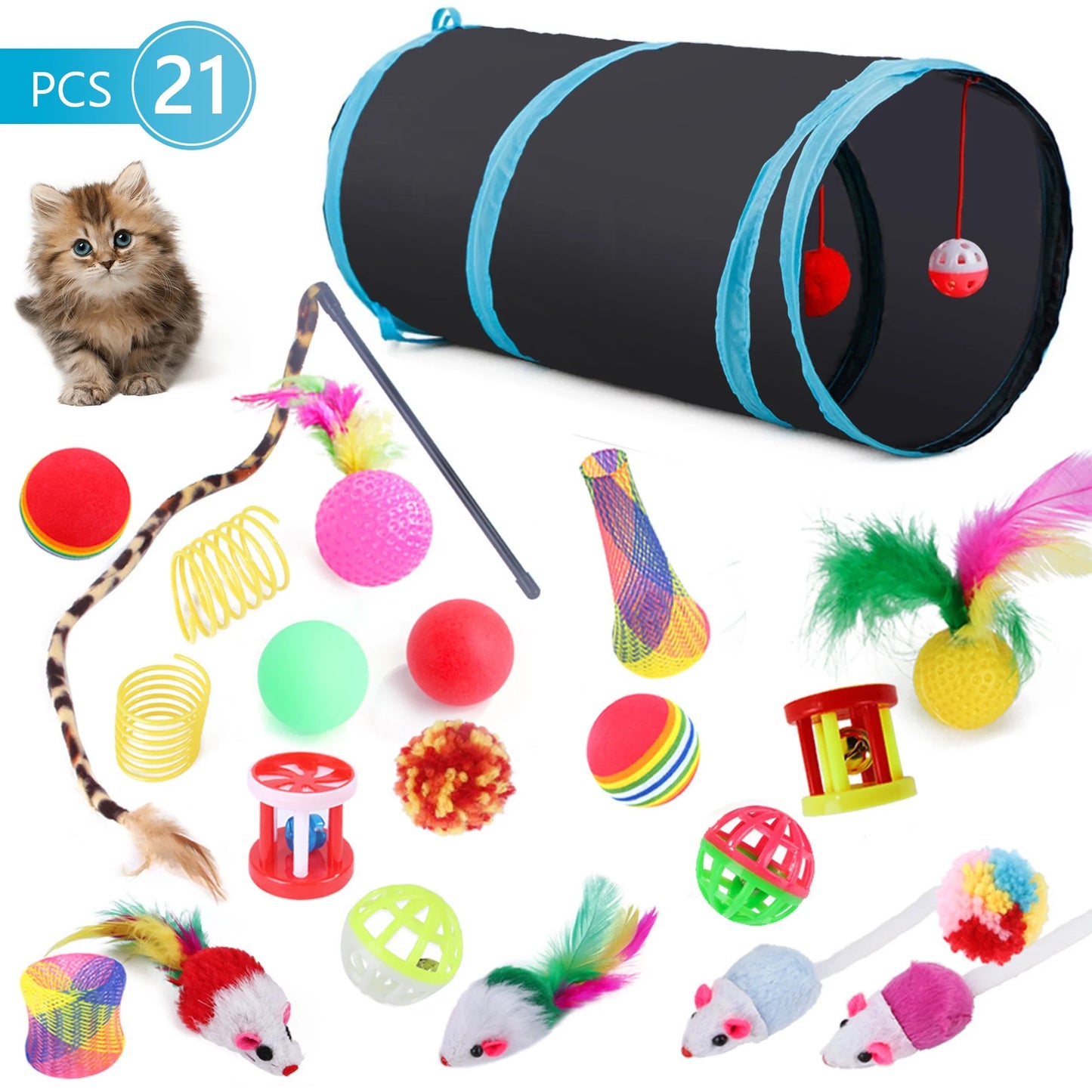 22-Piece Cat Toy Set with Collapsible Tunnel – Interactive Kitten Toys for Cats & Puppies