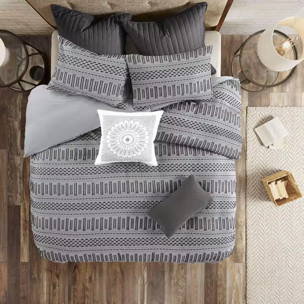 Rhea 3-Piece Grey & Black Cotton Comforter Set – King/California King