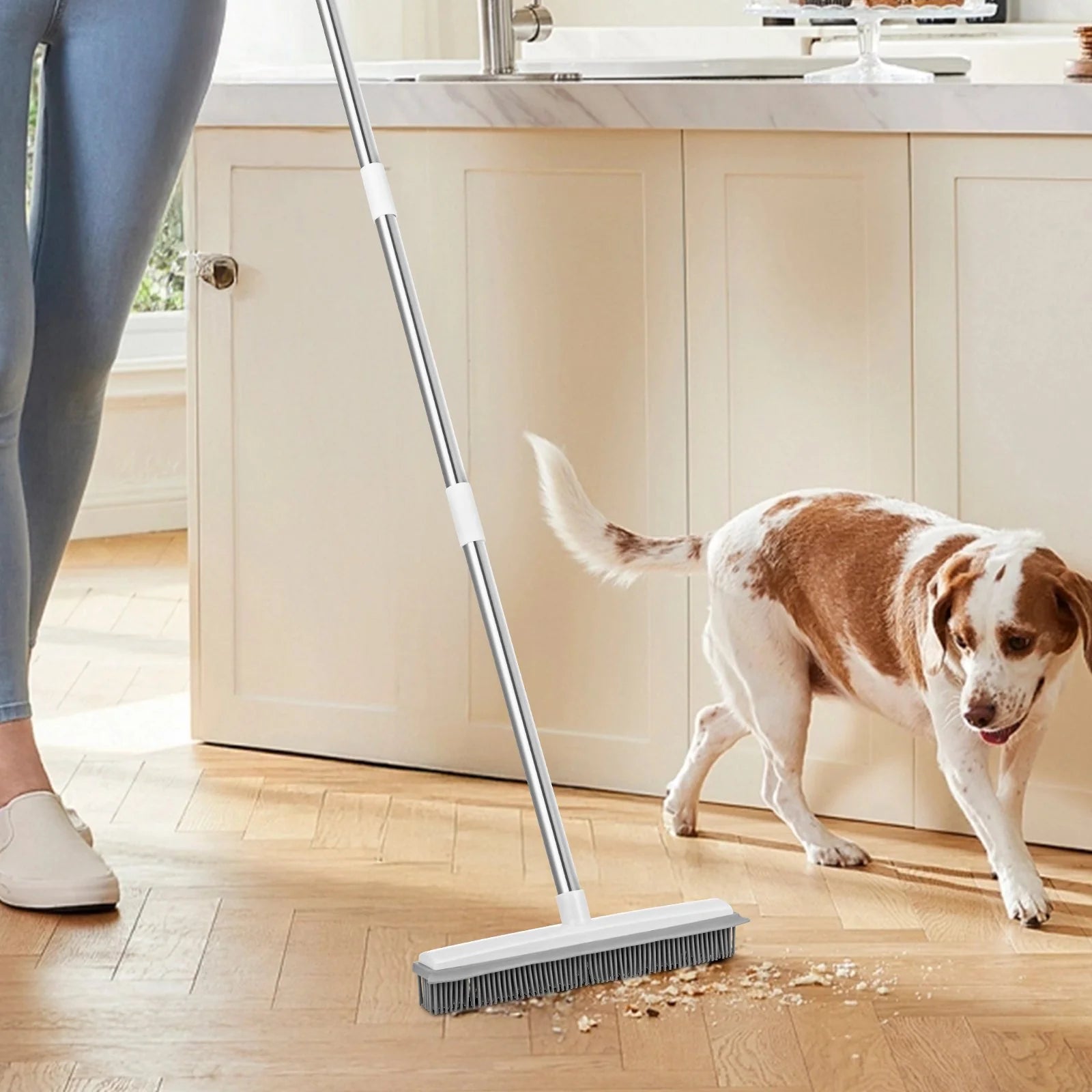 Adjustable Long-Handle Pet Hair Removal Broom – 58.46" Rubber Broom for Dogs & Cats