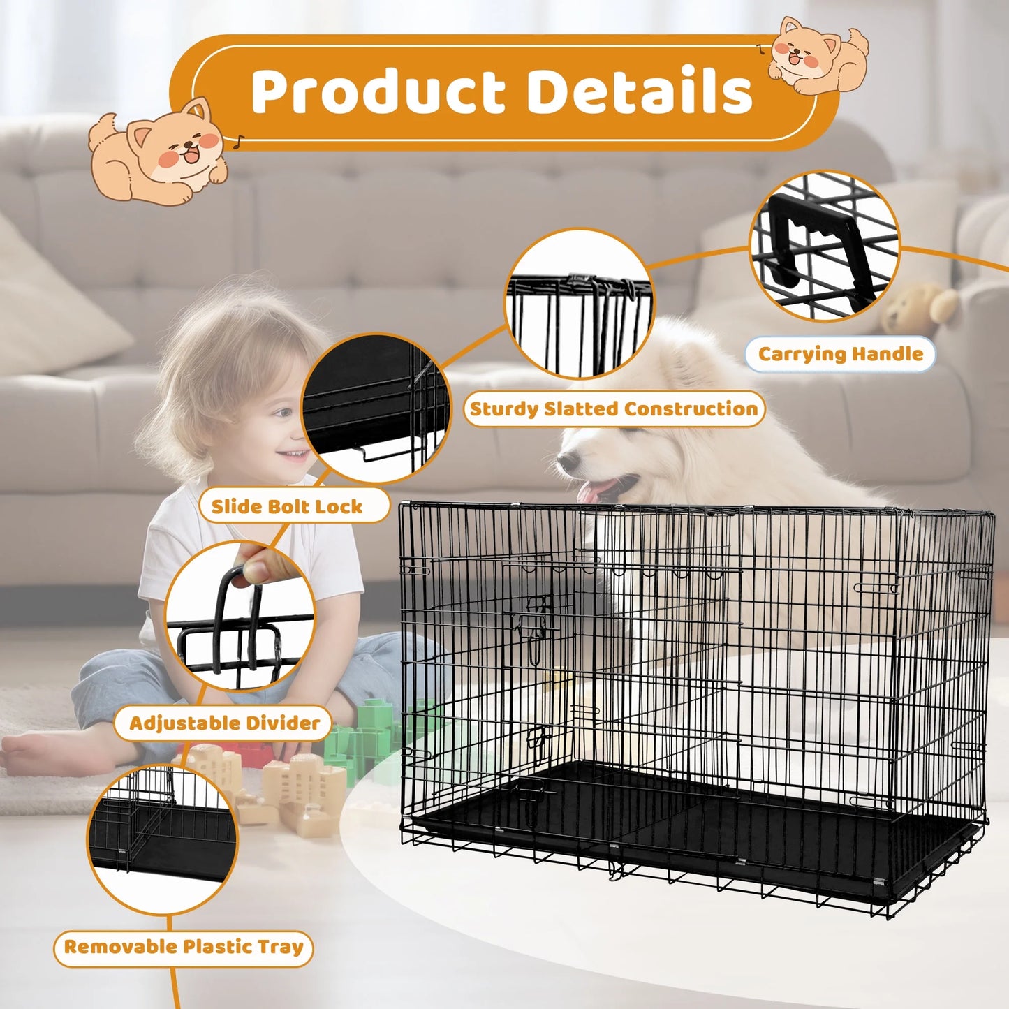 48" Foldable Dog Crate – Double-Door Metal Wire Kennel with Handle & Plastic Tray for Large Dogs, Black