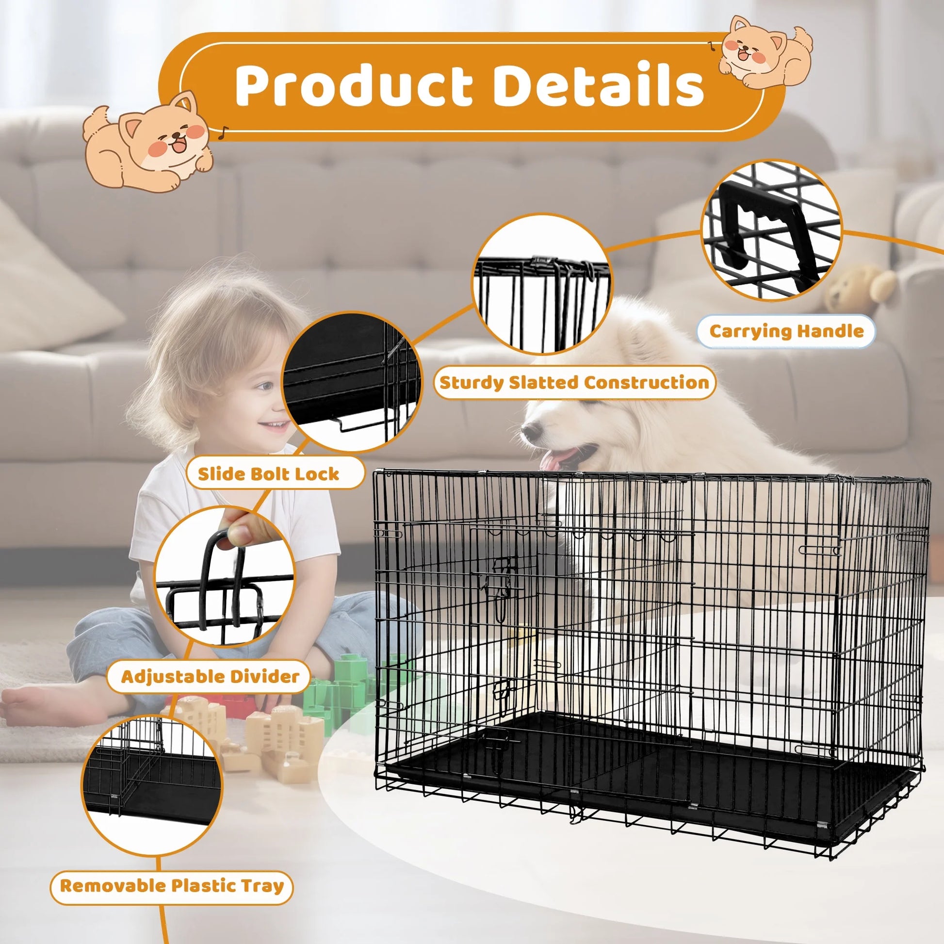 48" Foldable Dog Crate – Double-Door Metal Wire Kennel with Handle & Plastic Tray for Large Dogs, Black