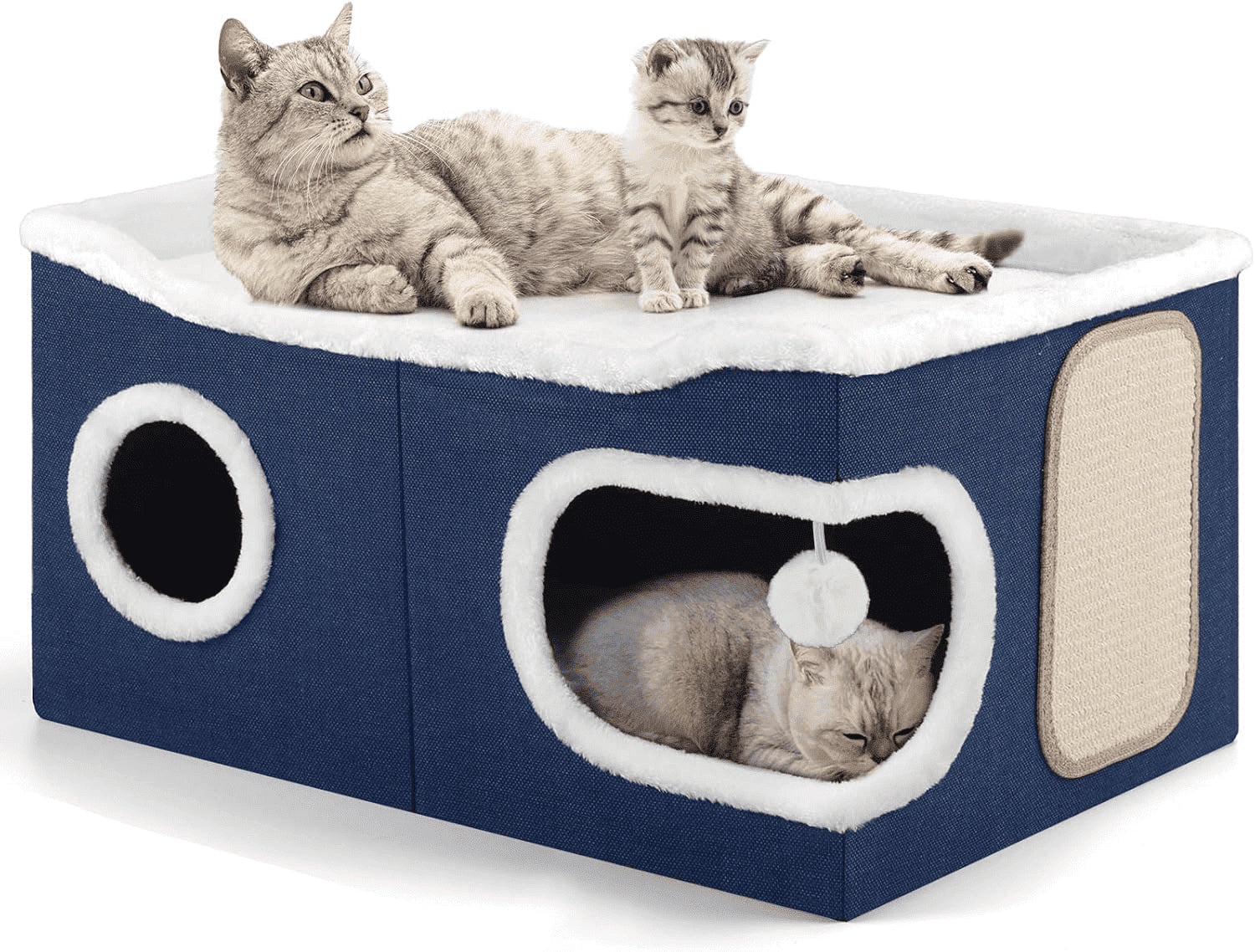 Extra-Large Indoor Cat Bed – Foldable Cat Cave with Scratch Pad & Hanging Ball, Blue