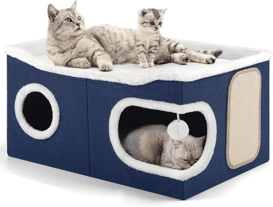 Extra-Large Indoor Cat Bed – Foldable Cat Cave with Scratch Pad & Hanging Ball, Blue