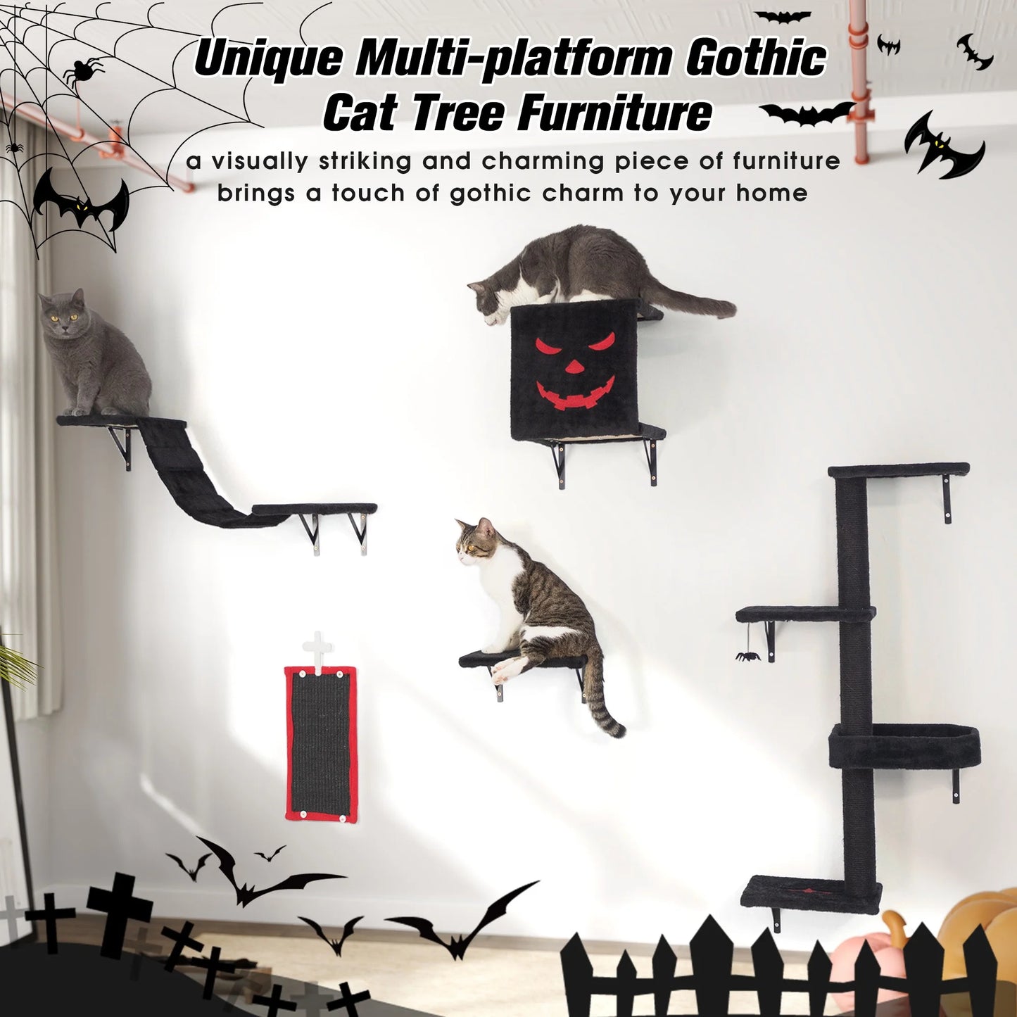 Cat Wall Shelves & Perches Set – Gothic Mounted Cat Tree for 5 Cats, Indoor Climbing & Lounging