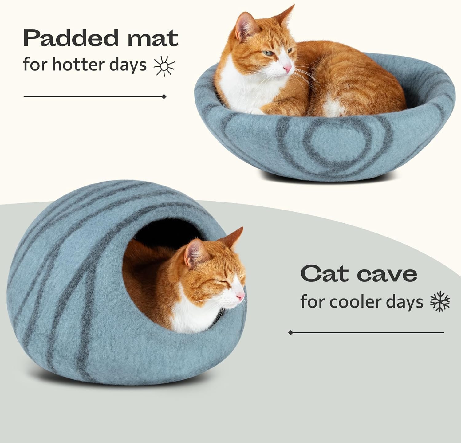 Premium Felt Cat Cave Bed – Handmade 100% Merino Wool for Indoor Cats, Aquamarine, Medium