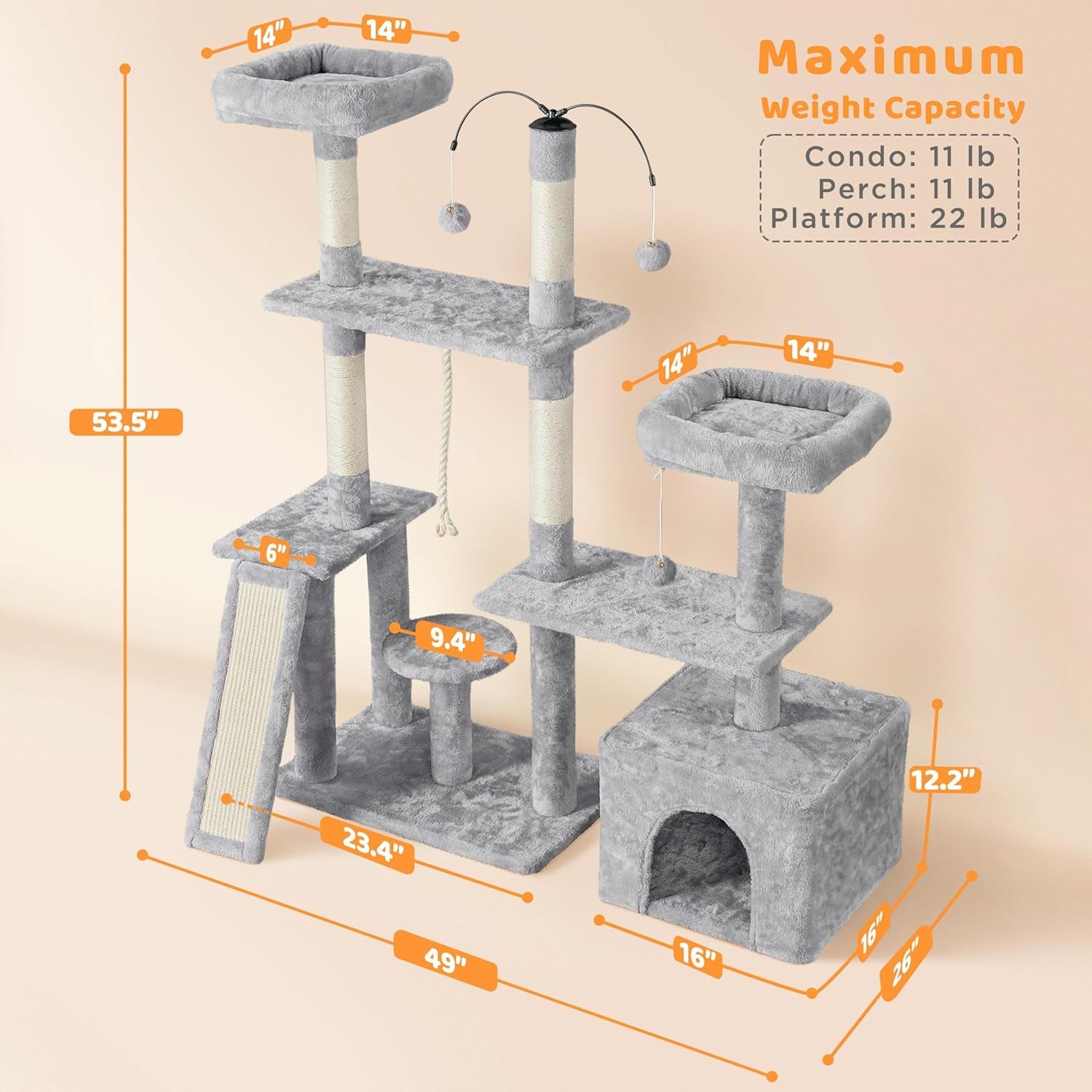 53.5" Cat Tree Playhouse – Indoor Tower with Sisal Scratching Posts, Condo & Perches, Light Gray