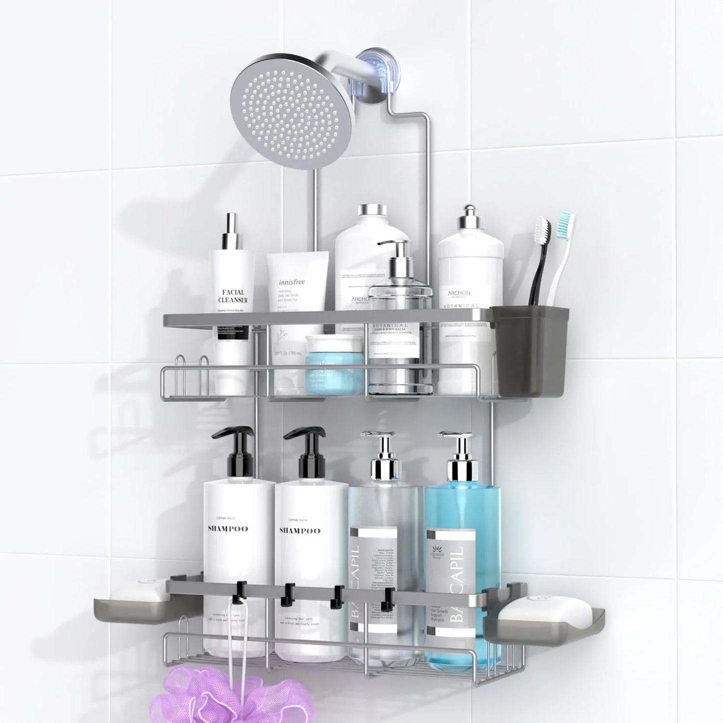Over-Shower-Head Caddy – Stainless Steel Bathroom Organizer with Soap Holder, Hooks & Toothbrush Holder, Gray