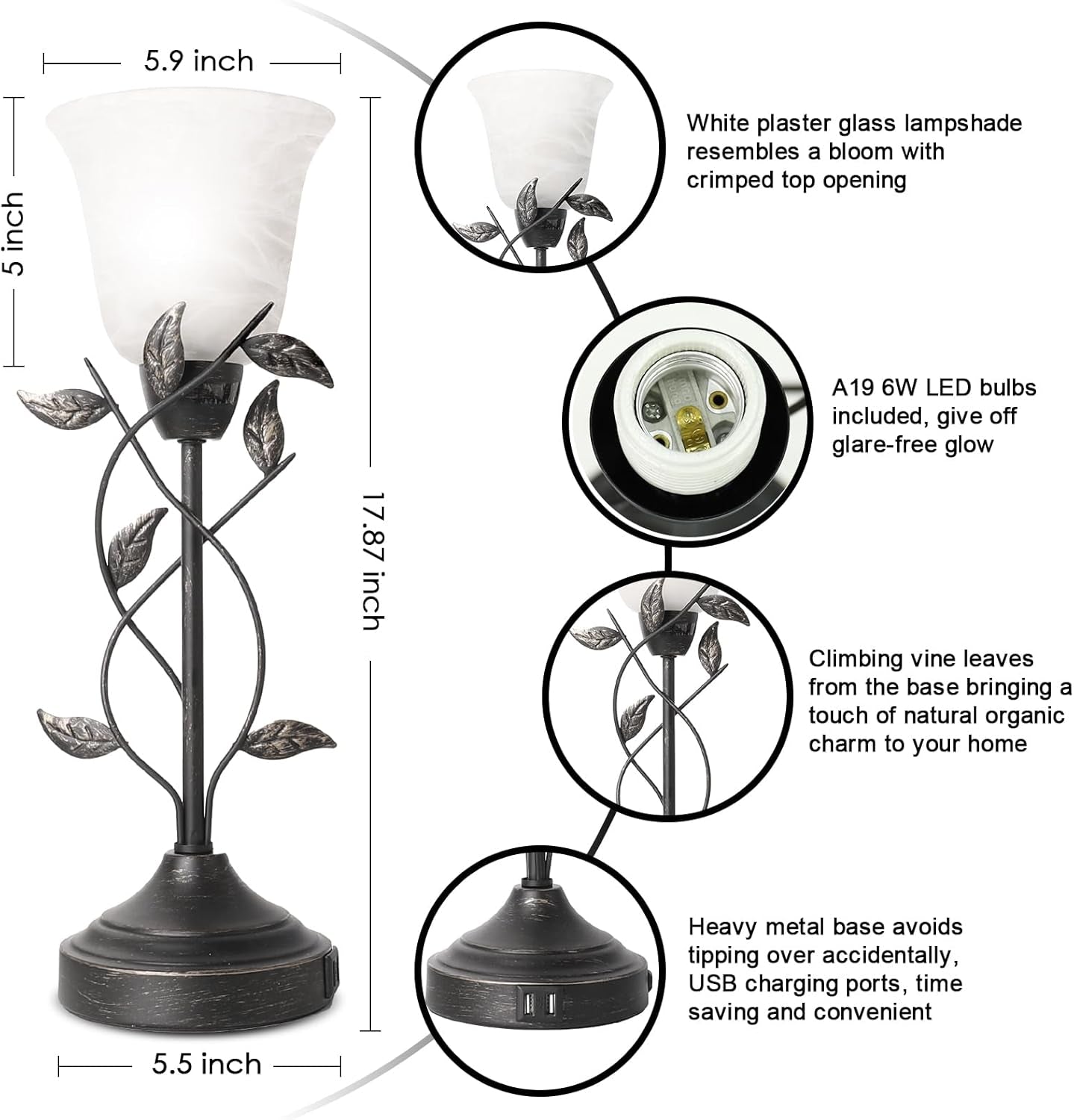 Set of 2 Bedside Table Lamps – 3-Way Dimmable with Touch Control & USB Charging, White Glass Shade, Retro Leaf Design