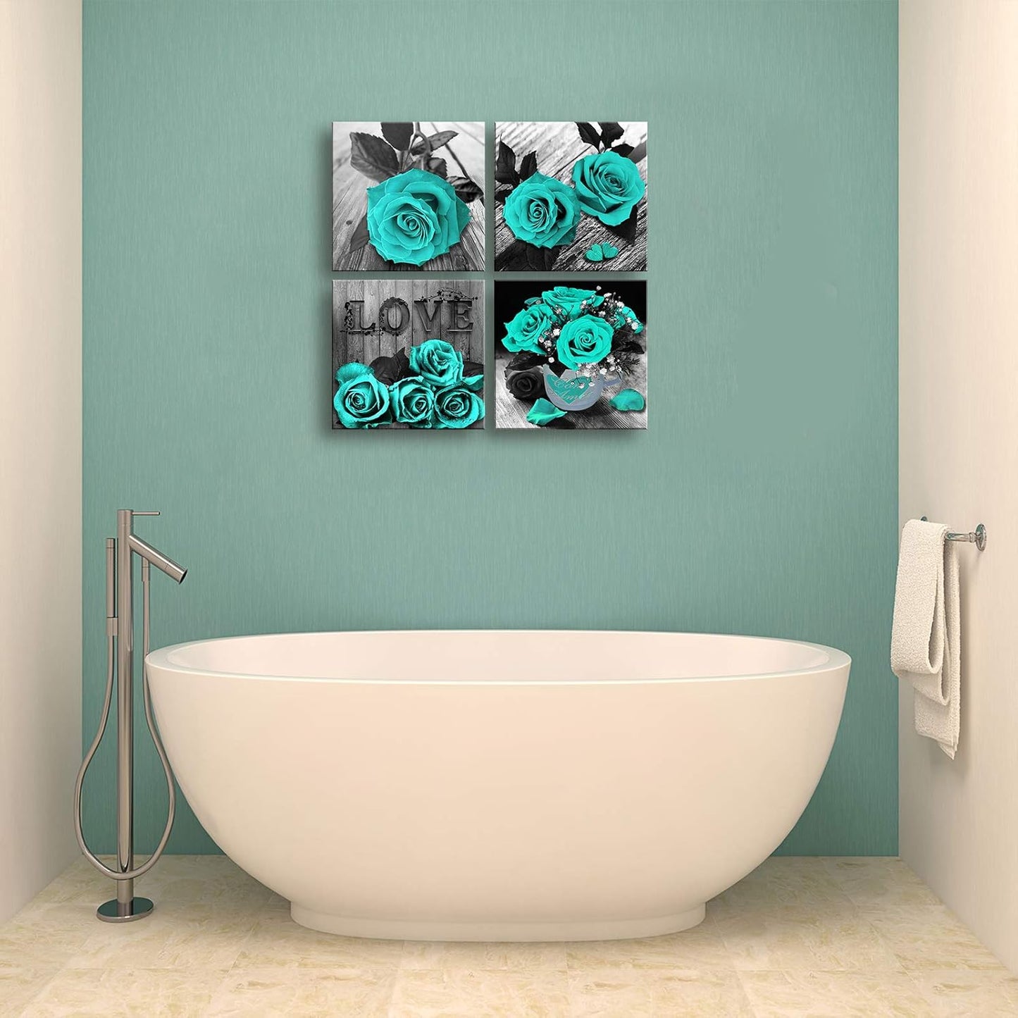 Teal Rose Canvas Wall Art – Black & White Floral Prints for Bedroom, Bathroom & Home Décor