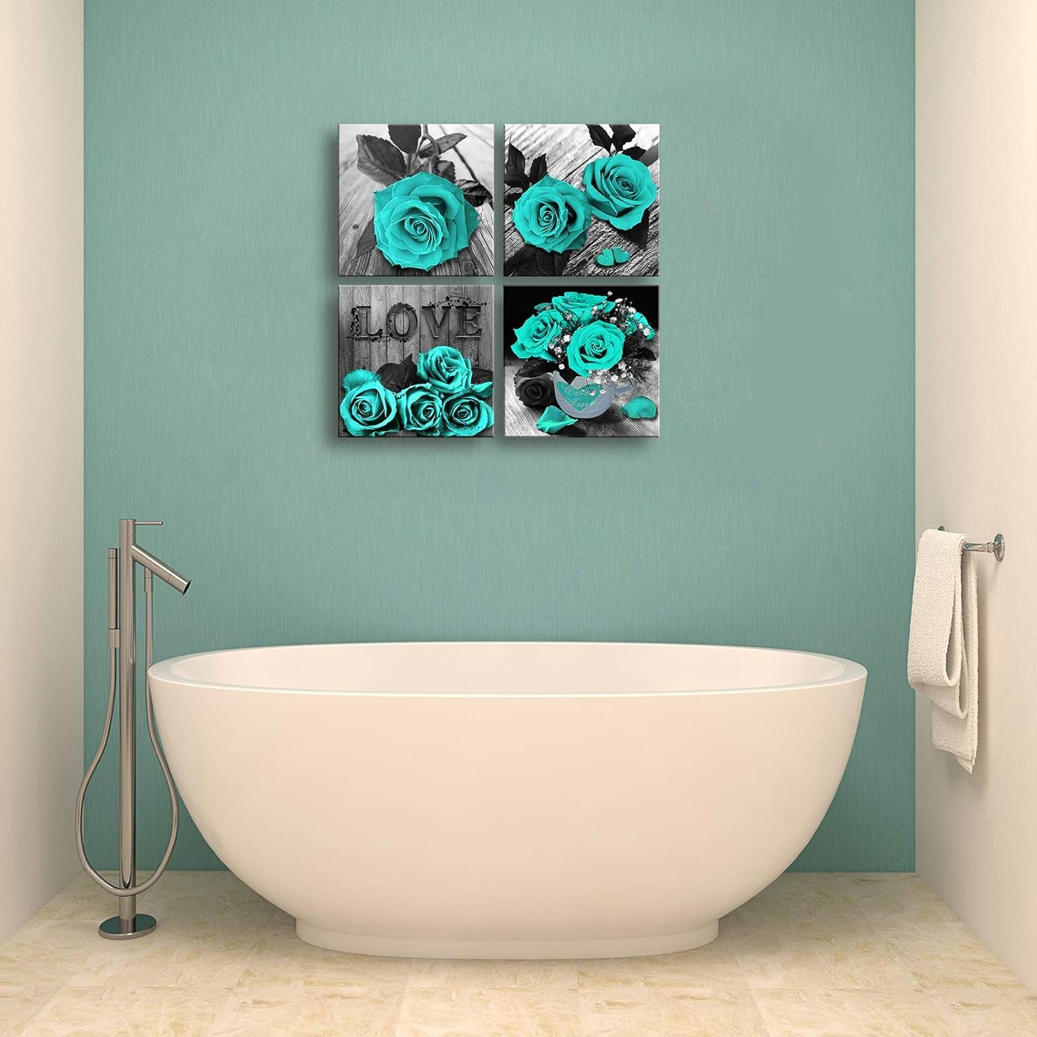 Teal Rose Canvas Wall Art – Black & White Floral Prints for Bedroom, Bathroom & Home Décor