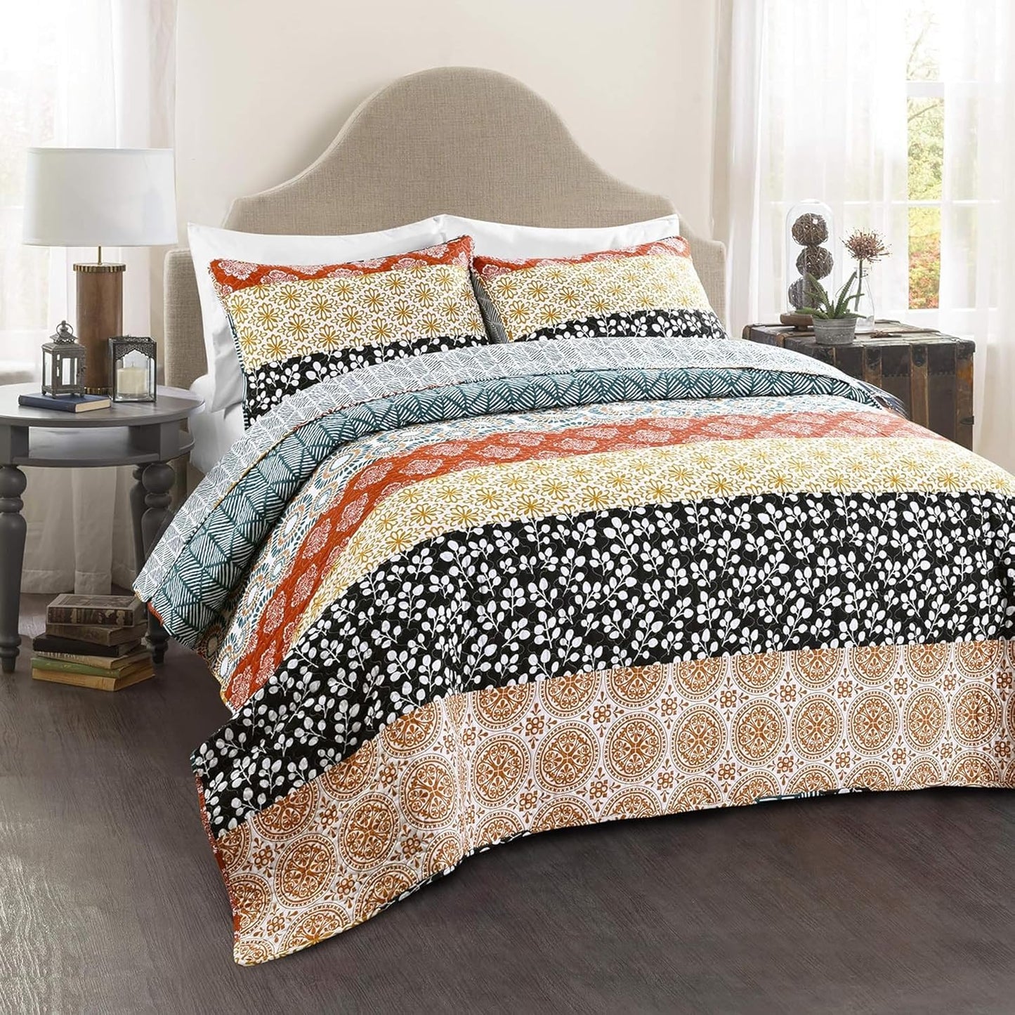 Bohemian Stripe Reversible Cotton Quilt Set – 3 Piece Full/Queen, Turquoise & Orange