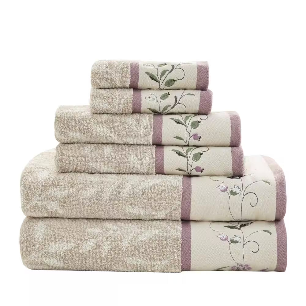 Belle 6-Piece Purple Embroidered Jacquard Cotton Bath Towel Set – Luxury Bathroom Towels