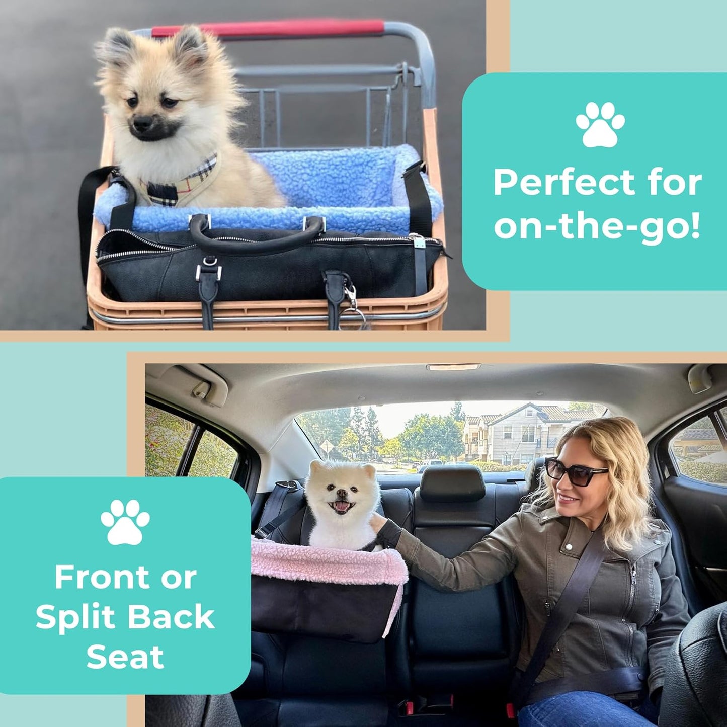 Dog Car Booster Seat – Grey Travel Carrier Bed for Small Dogs, Washable, Adjustable & Collapsible