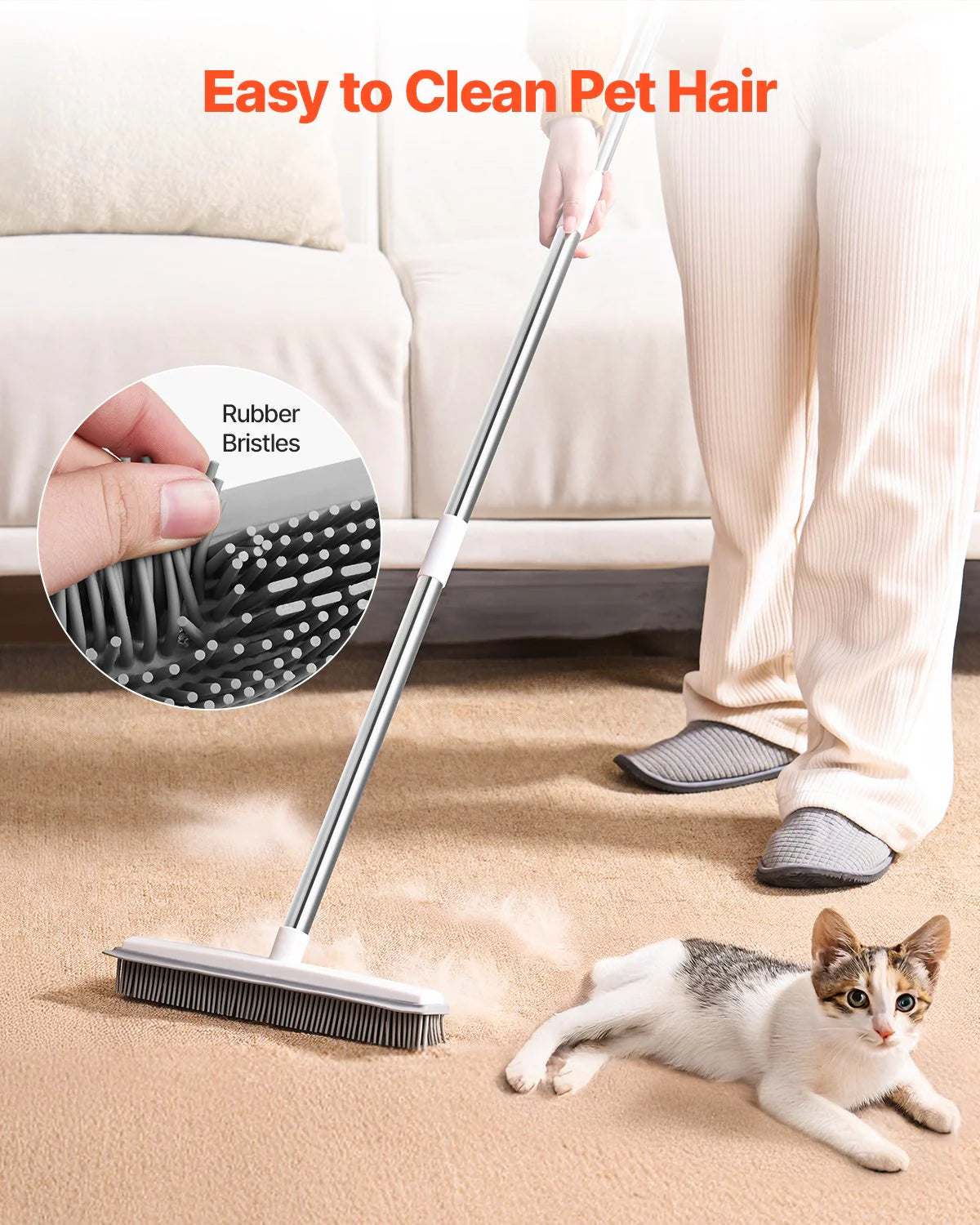 Adjustable Long-Handle Pet Hair Removal Broom – 58.46" Rubber Broom for Dogs & Cats
