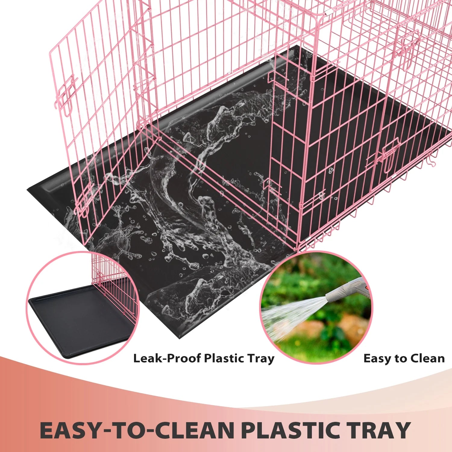 48" Foldable Dog Crate – Double-Door Metal Wire Kennel with Handle & Plastic Tray for Large Dogs, Pink