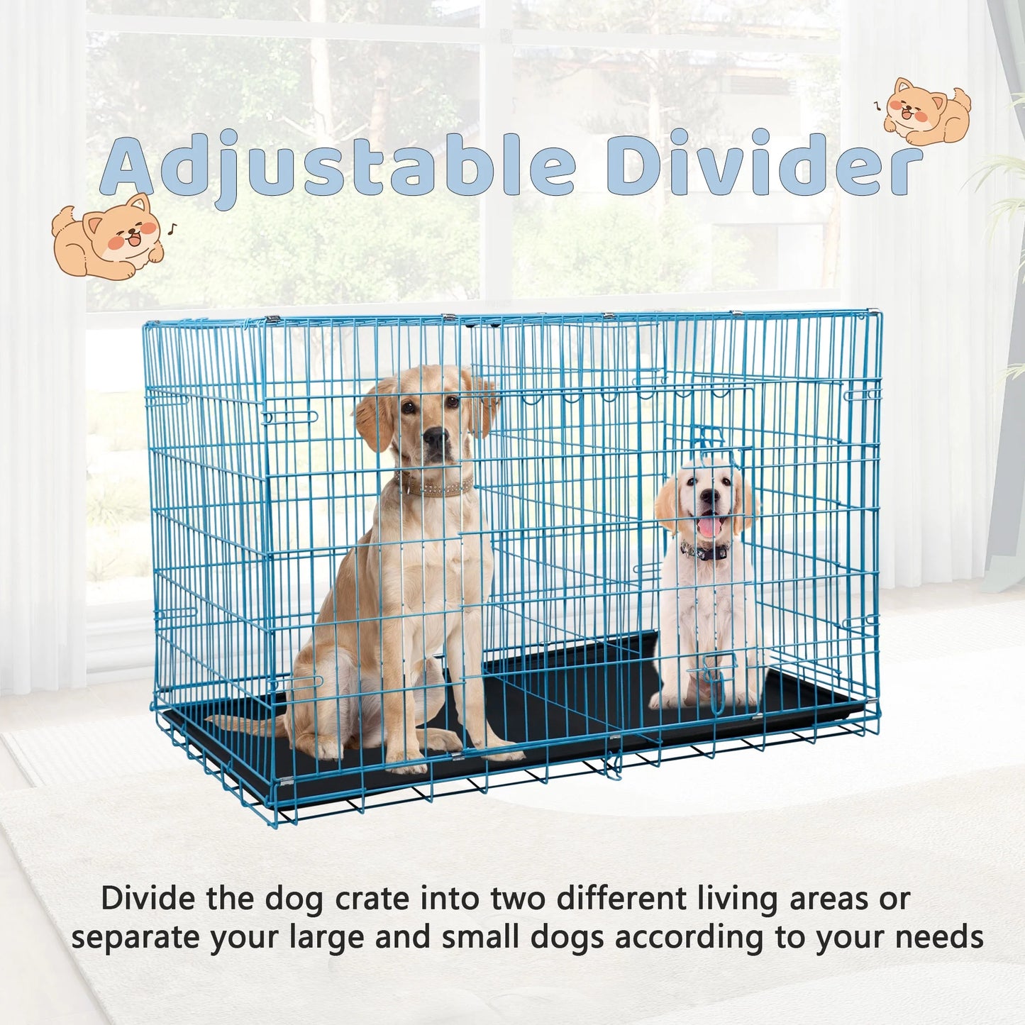 48" Foldable Dog Crate – Double-Door Metal Wire Kennel with Handle & Plastic Tray for Large Dogs, Blue