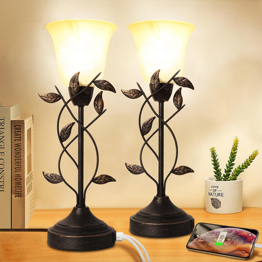 Set of 2 Bedside Table Lamps – 3-Way Dimmable with Touch Control & USB Charging, White Glass Shade, Retro Leaf Design