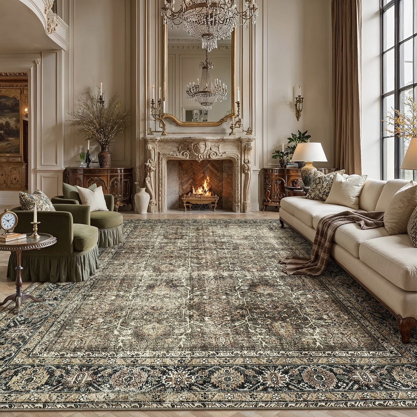 Large Vintage Oriental Area Rug – 10' x 12' Brown Distressed Non-Slip Rug