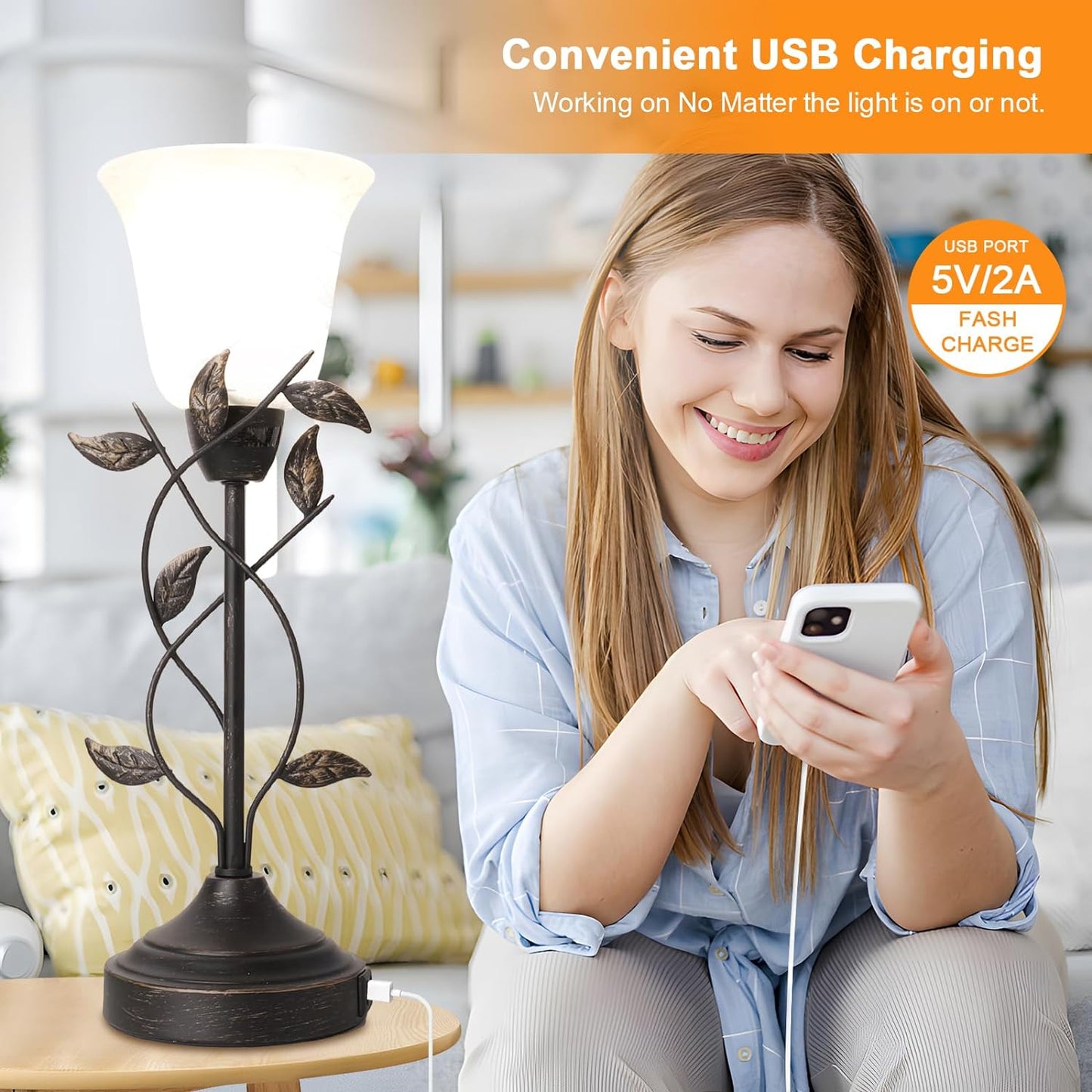 Set of 2 Bedside Table Lamps – 3-Way Dimmable with Touch Control & USB Charging, White Glass Shade, Retro Leaf Design