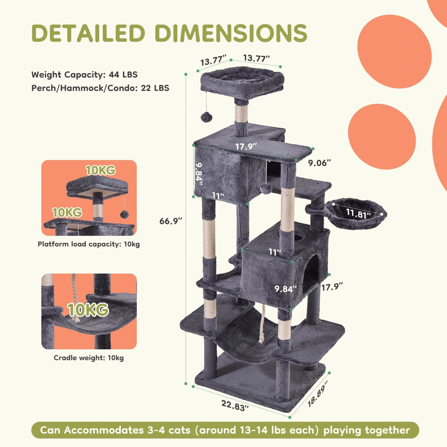 66" Cat Tree Multi Level Luxury Tower with Scratching Post, 2 Large Condo, Rest Hammock, Dark Grey
