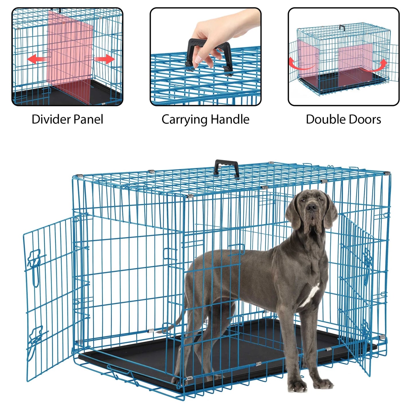 48" Foldable Dog Crate – Double-Door Metal Wire Kennel with Handle & Plastic Tray for Large Dogs, Blue