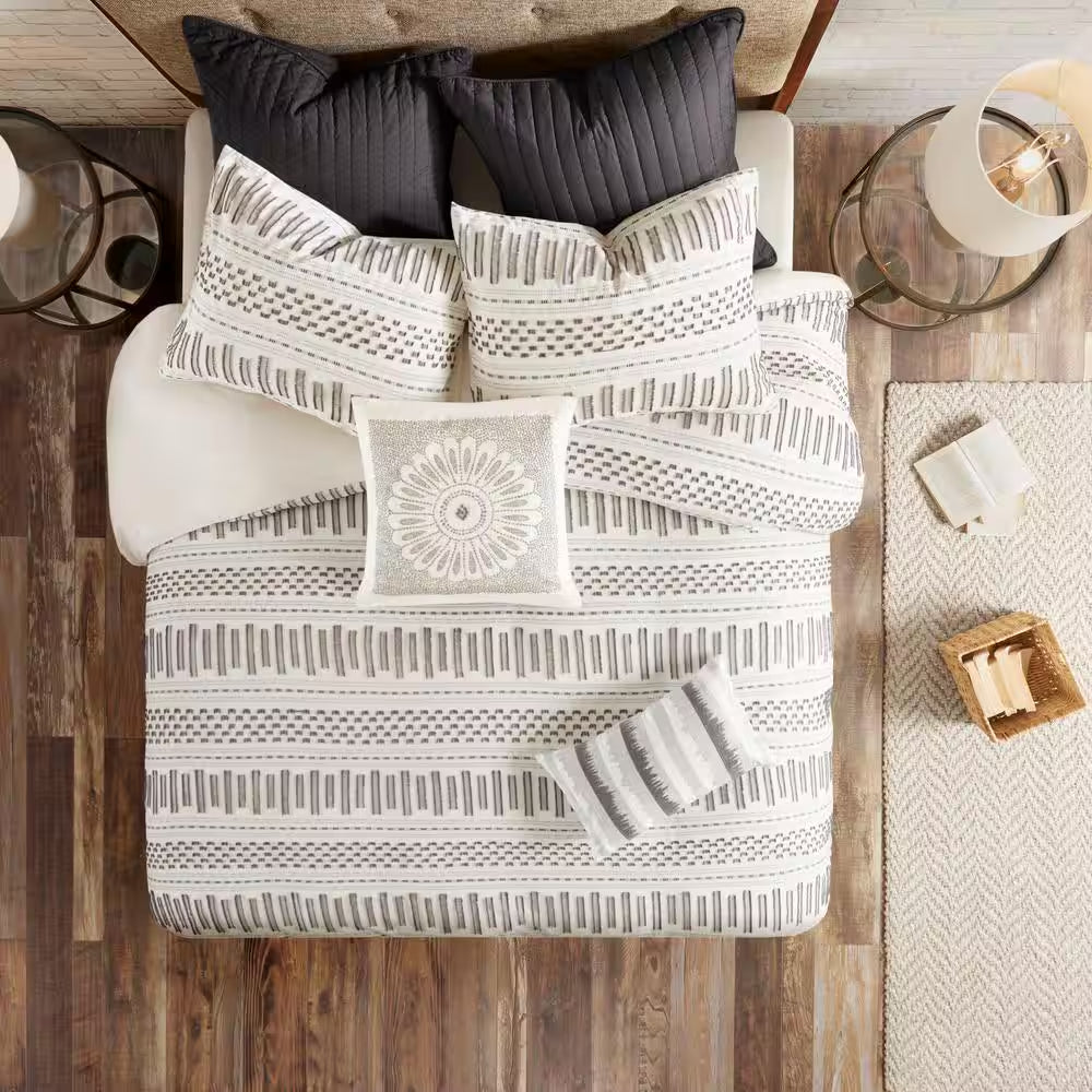 Rhea 3-Piece Ivory & Charcoal Cotton Comforter Set – Full/Queen