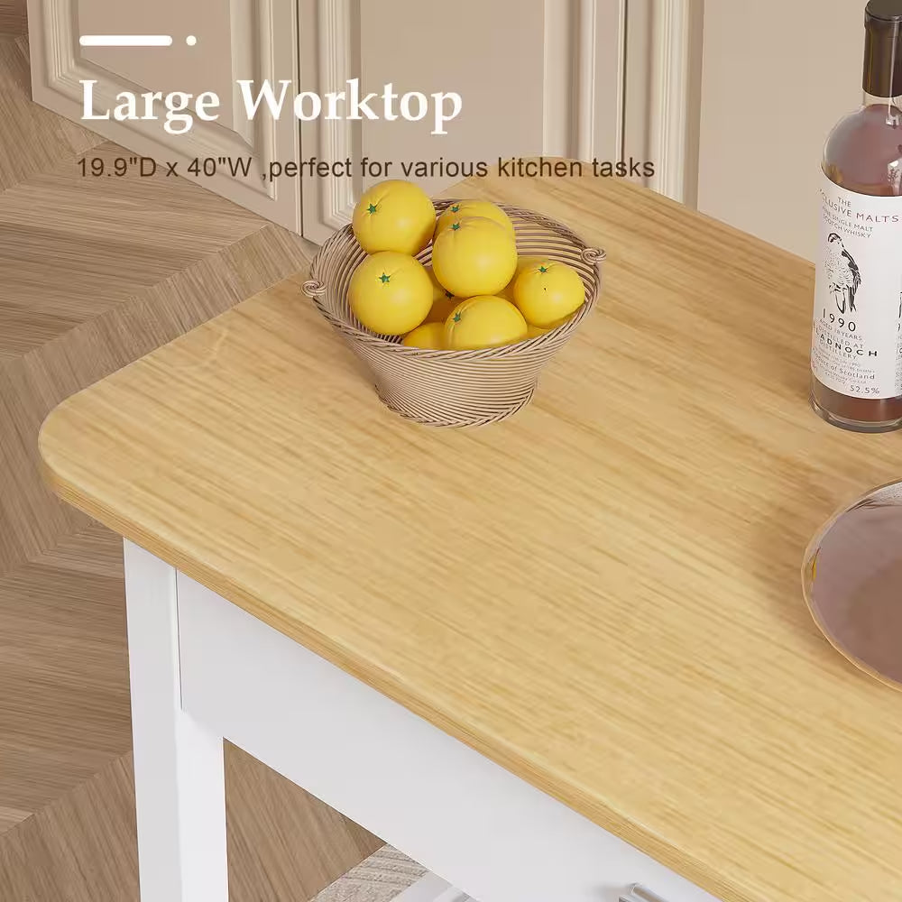 Kitchen Island Cart on Wheels – 40" Rolling Utility Cart with Power Strip & White Wood Shelves